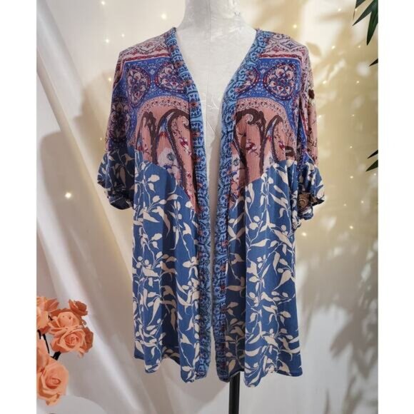 Umgee Boho Mixed Print Oversized Open Kimono Cardigan Top Womens Size S Ruffle - Picture 10 of 10